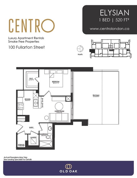 Floor plan for 1 bed, 1 bath, 520 sqft