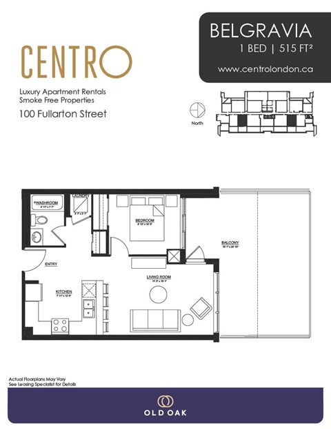 Floor plan for 1 bed, 1 bath, 566 sqft