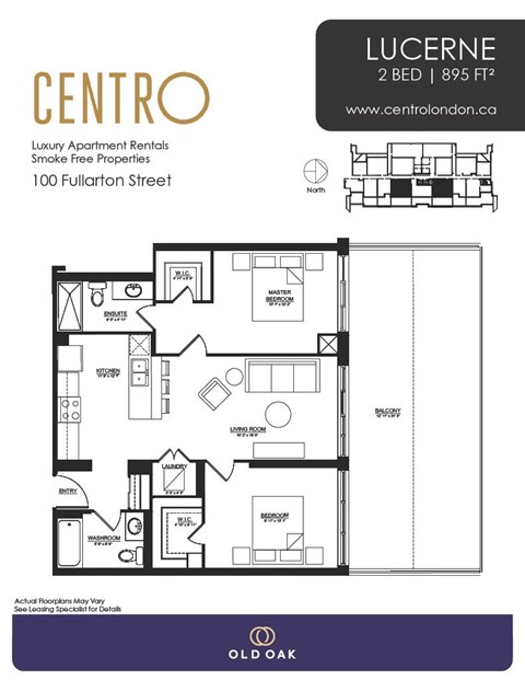 Floor plan for 2 beds, 2 baths, 895 sqft