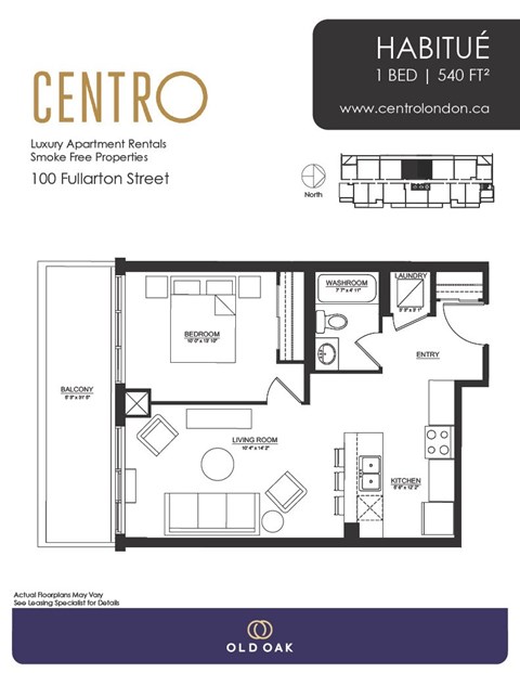 Floor plan for 1 bed, 1 bath, 540 sqft