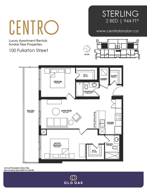 Floor plan for 2 beds, 2 baths, 944 sqft