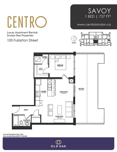 Floor plan for 1 bed, 1 bath, 727 sqft