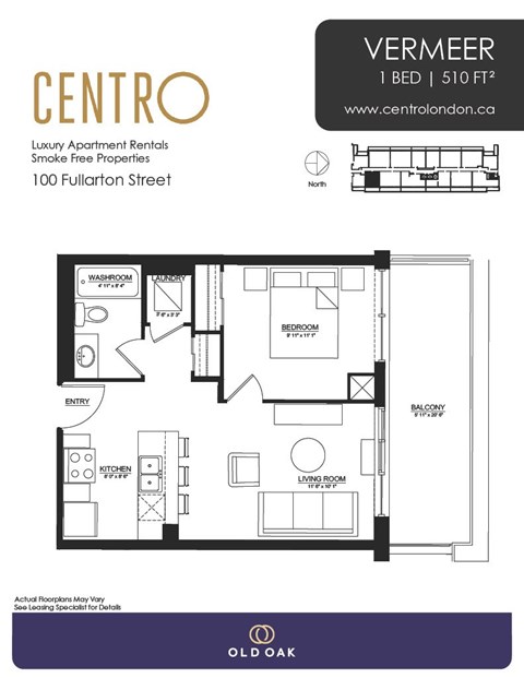 Floor plan for 1 bed, 1 bath, 510 sqft