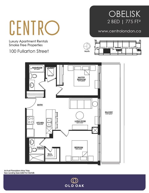 Floor plan for 2 beds, 2 baths, 775 sqft