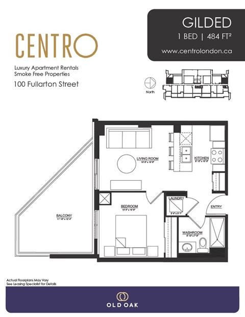 Floor plan for 1 bed, 1 bath, 484 sqft