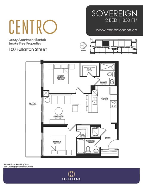 Floor plan for 2 beds, 2 baths, 850 sqft