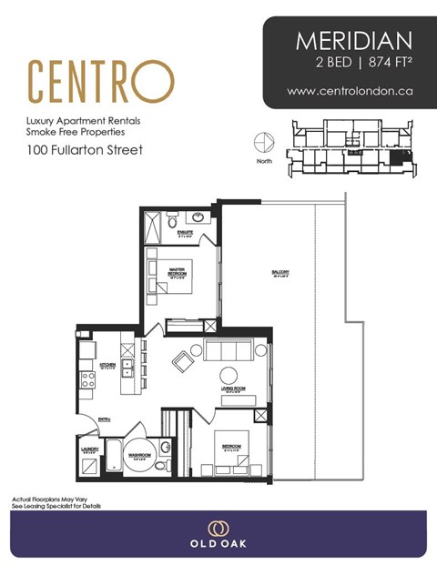 Floor plan for 2 beds, 2 baths, 874 sqft