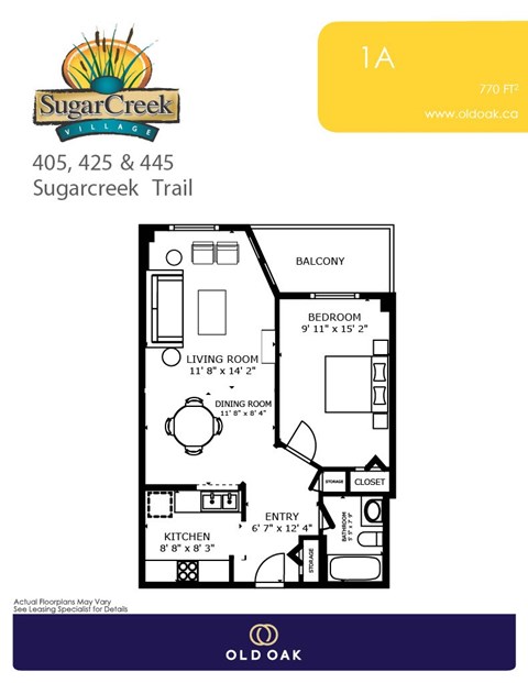 Floor plan for 1 bed, 1 bath, 770 sqft