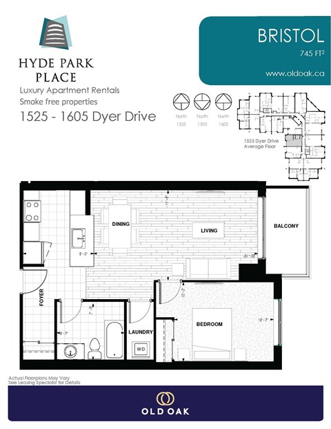 Floor plan for 1 bed, 1 bath, 745 sqft