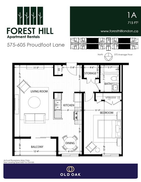 Floor plan for 1 bed, 1 bath, 715 sqft