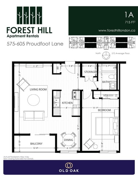 Floor plan for 1 bed, 1 bath, 715 sqft