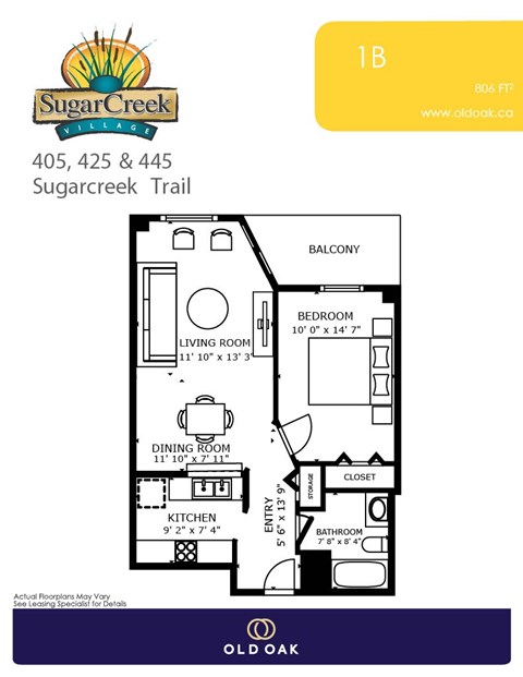 Floor plan for 1 bed, 1 bath, 806 sqft