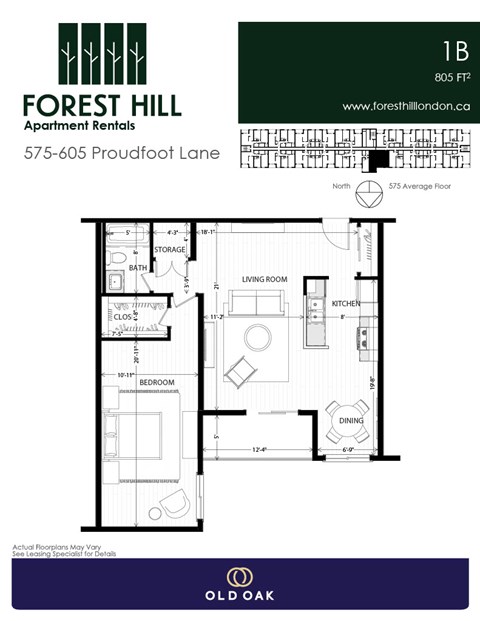 Floor plan for 1 bed, 1 bath, 805 sqft