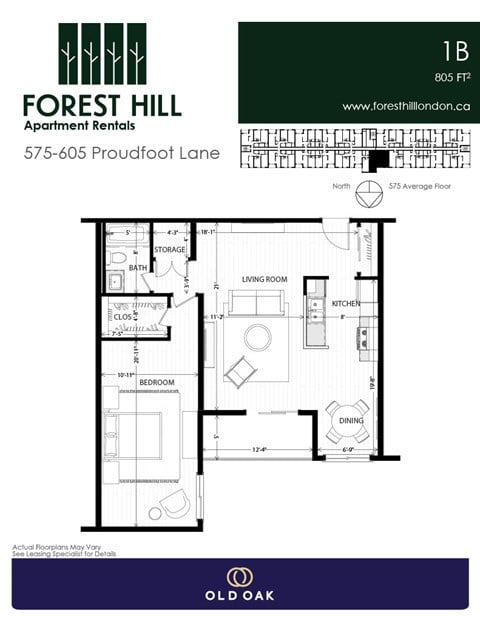 Floor plan for 1 bed, 1 bath, 805 sqft