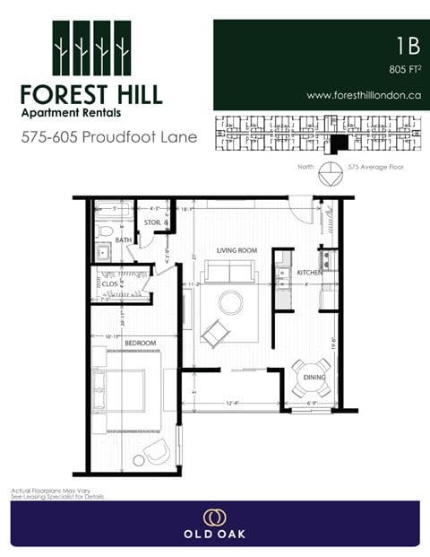 Floor plan for 1 bed, 1 bath, 805 sqft