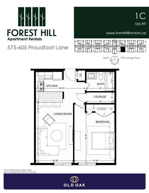 Floor plan for 1 bed, 1 bath