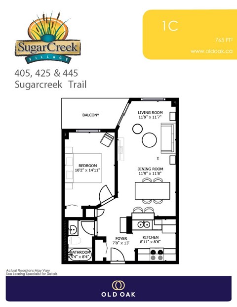 Floor plan for 1 bed, 1 bath, 765 sqft