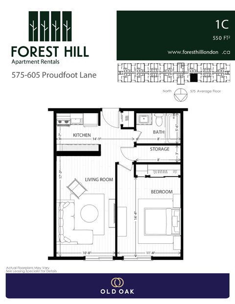 Floor plan for 1 bed, 1 bath