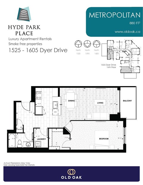 Floor plan for 1 bed, 1 bath, 880 sqft