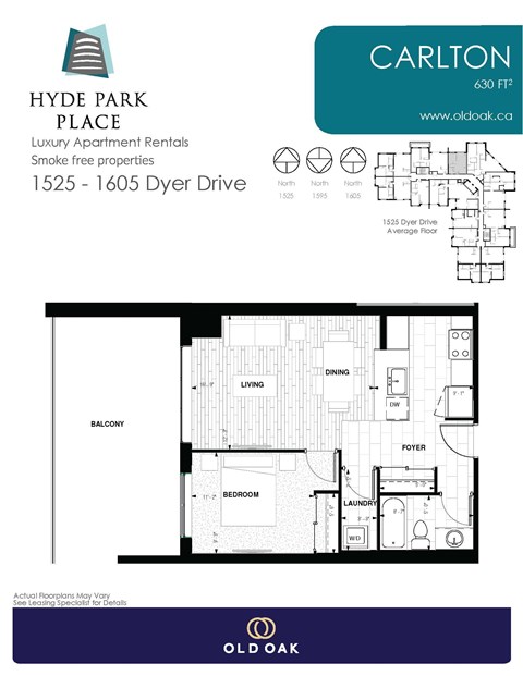 Floor plan for 1 bed, 1 bath, 630 sqft