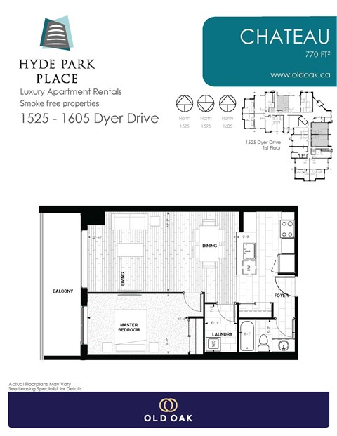 Floor plan for 1 bed, 1 bath, 770 sqft