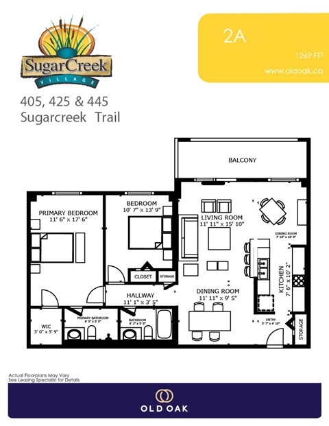 Floor plan for 2 beds, 1 bath, 1269 sqft