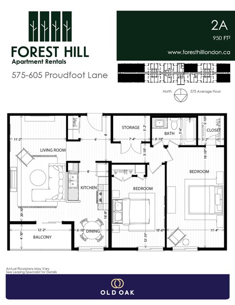Floor plan for 2 beds, 1 bath, 950 sqft