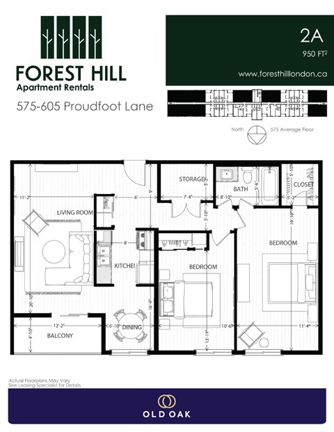 Floor plan for 2 beds, 1 bath, 950 sqft