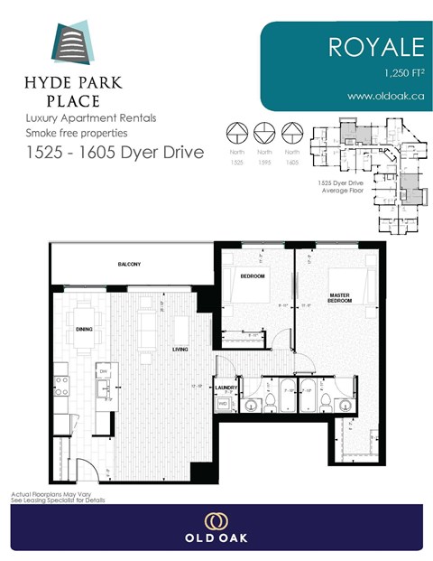 Floor plan for 2 beds, 2 baths, 1250 sqft