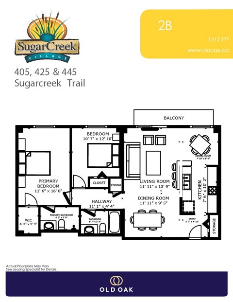 Floor plan for 2 beds, 1 bath, 1212 sqft