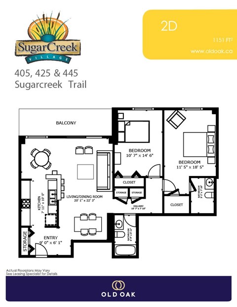 Floor plan for 2 beds, 1 bath, 1151 sqft
