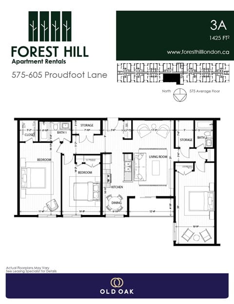 Floor plan for 3 beds, 2 baths