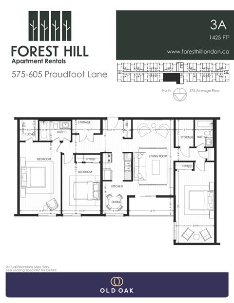 Floor plan for 3 beds, 2 baths, 1425 sqft