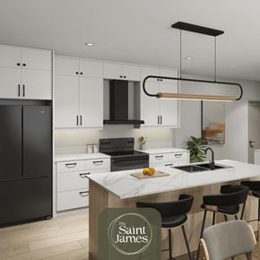 London apartment for rent - a rendering of a kitchen with white cabinets and a marble counter top