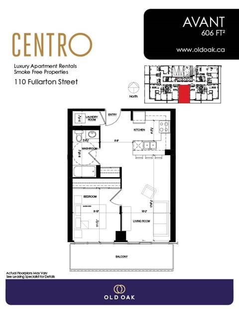 Floor plan for 1 bed, 1 bath, 606 sqft