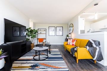London apartment for rent - A living room with a yellow couch and a black television.