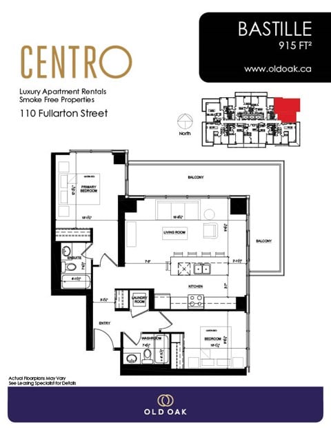 Floor plan for 2 beds, 2 baths, 915 sqft