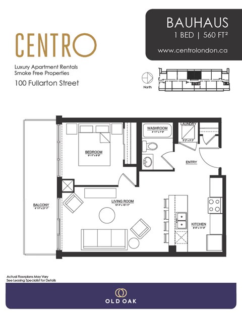 Floor plan for 1 bed, 1 bath, 560 sqft