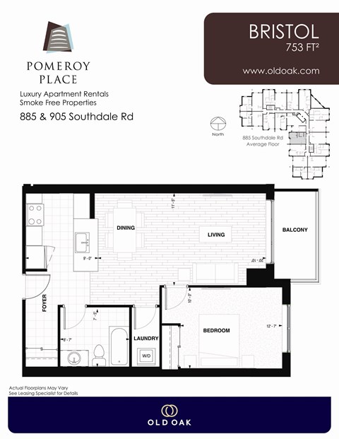 Floor plan for 1 bed, 1 bath, 753 sqft