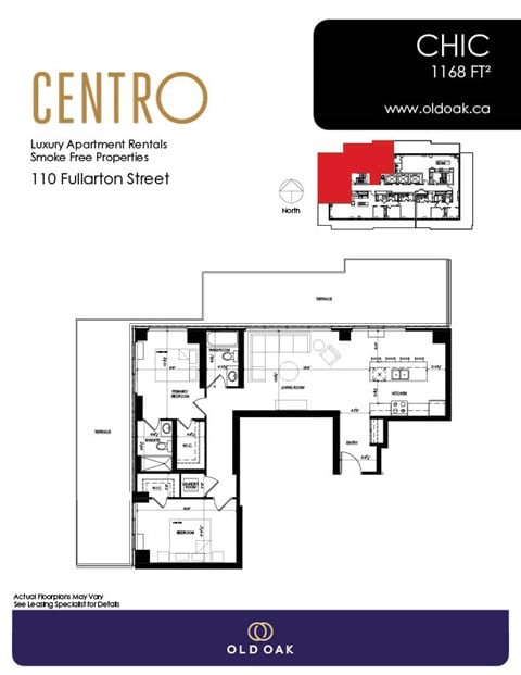 Floor plan for 2 beds, 2 baths, 1168 sqft
