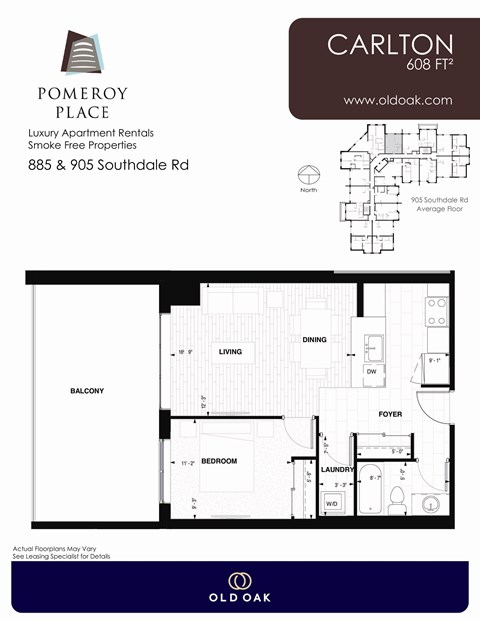 Floor plan for 1 bed, 1 bath, 608 sqft