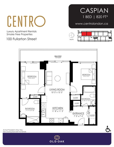 Floor plan for 2 beds, 2 baths, 820 sqft