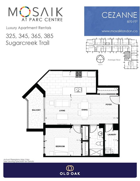 Floor plan for 1 bed, 1 bath, 870 sqft