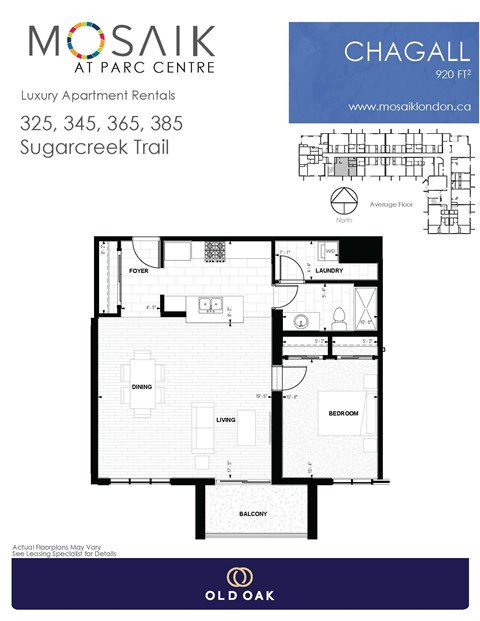 Floor plan for 1 bed, 1 bath, 920 sqft