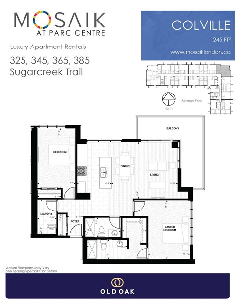 Floor plan for 2 beds, 2 baths, 1245 sqft