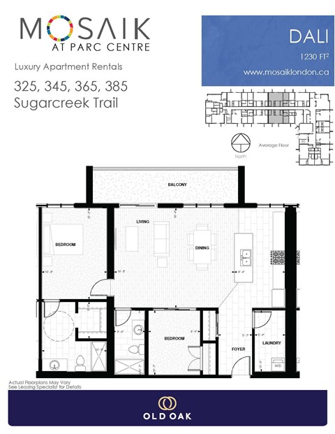 Floor plan for 2 beds, 2 baths, 1230 sqft