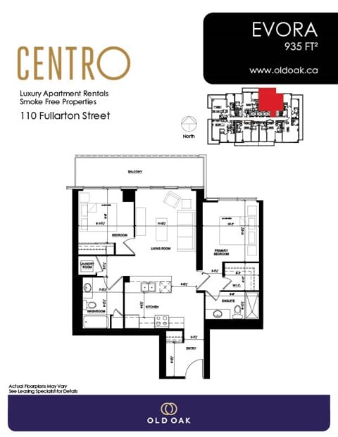 Floor plan for 2 beds, 2 baths, 935 sqft