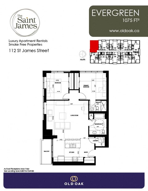 Floor plan for 2 beds, 2 baths, 1075 sqft