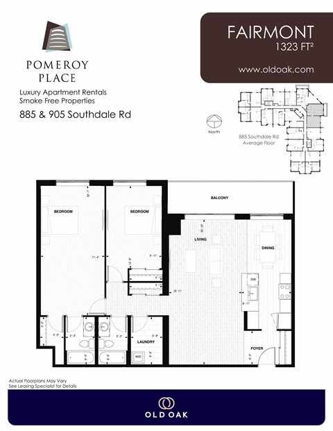 Floor plan for 2 beds, 2 baths, 1323 sqft