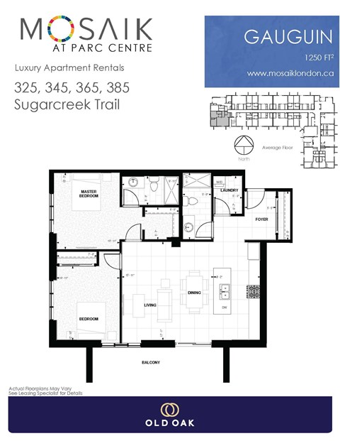 Floor plan for 2 beds, 2 baths, 1250 sqft